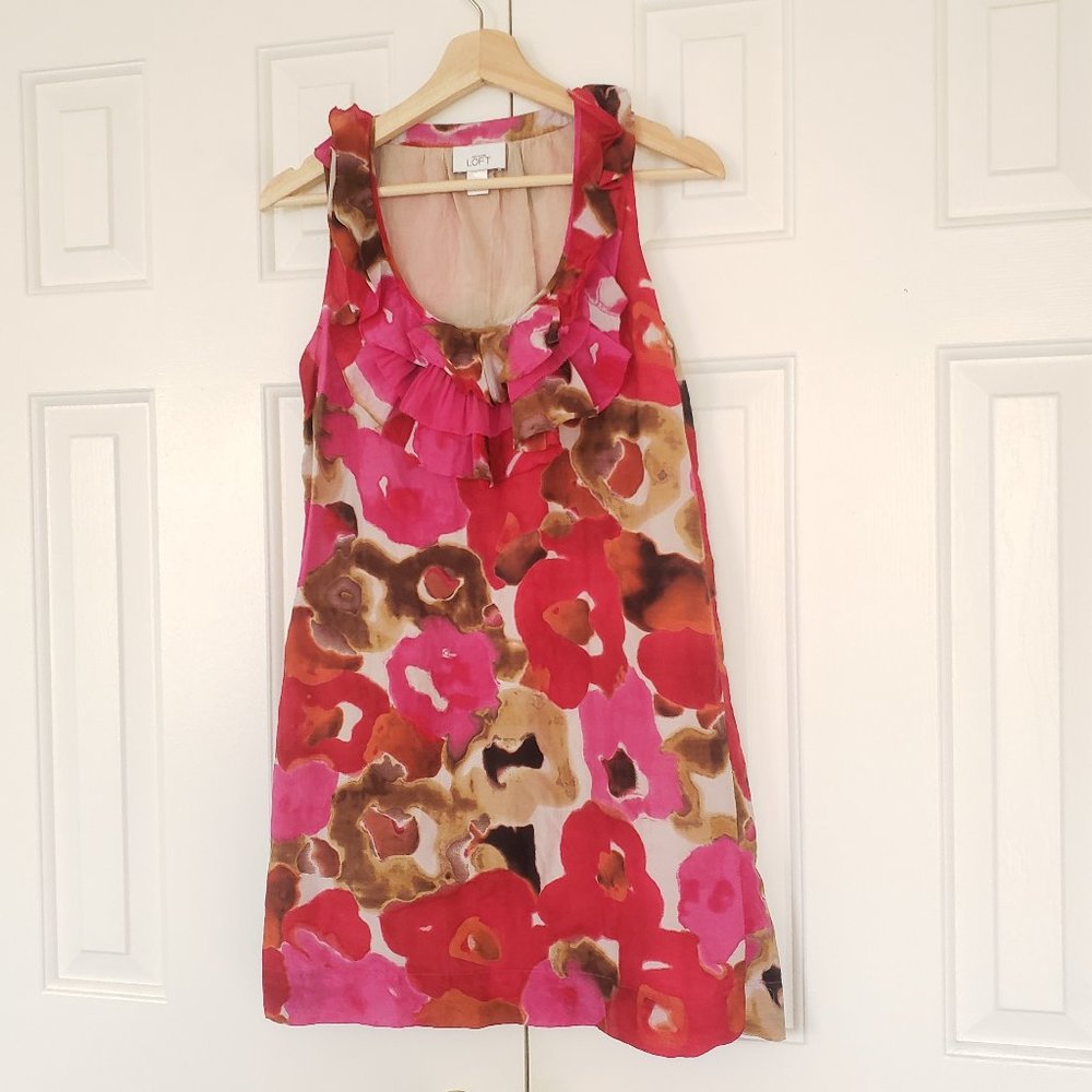 Loft Pink Floral Dress - Size XS - Sleeveless with ruffled neckline